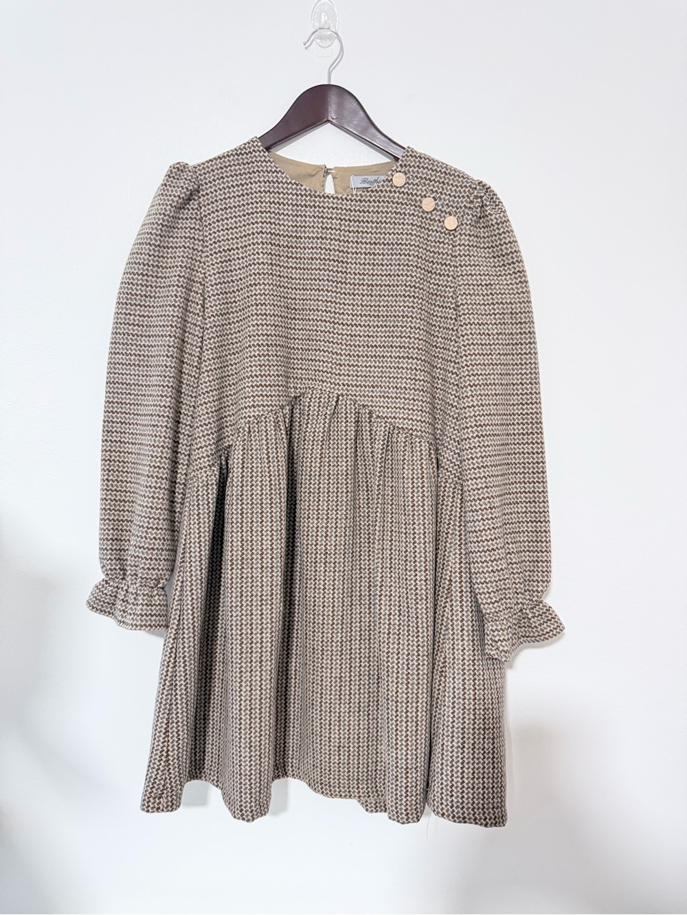 Berthe Paris Dress Womens S 36 NWT Wool Blend Houndstooth Puff Sleeve Babydoll